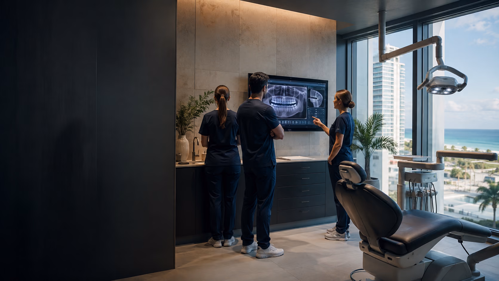 Clinical team reviewing dental imaging in a contemporary coastal operatory
