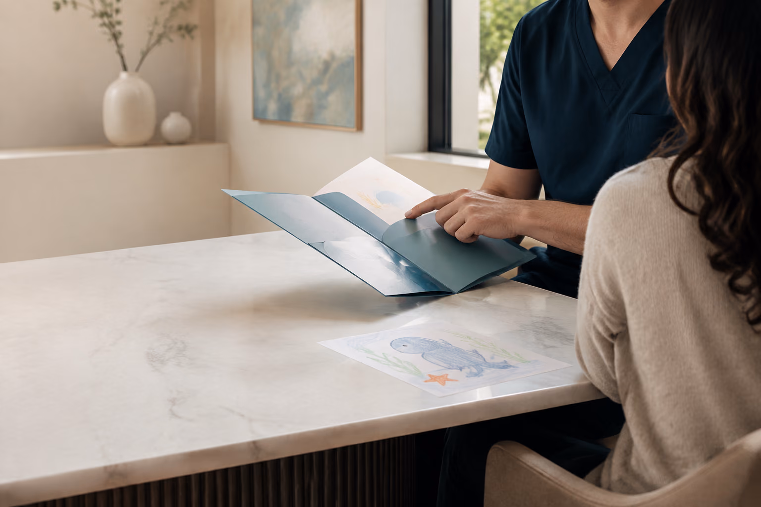 Conceptual scene of a clinician and guardian reviewing a child-friendly care folder